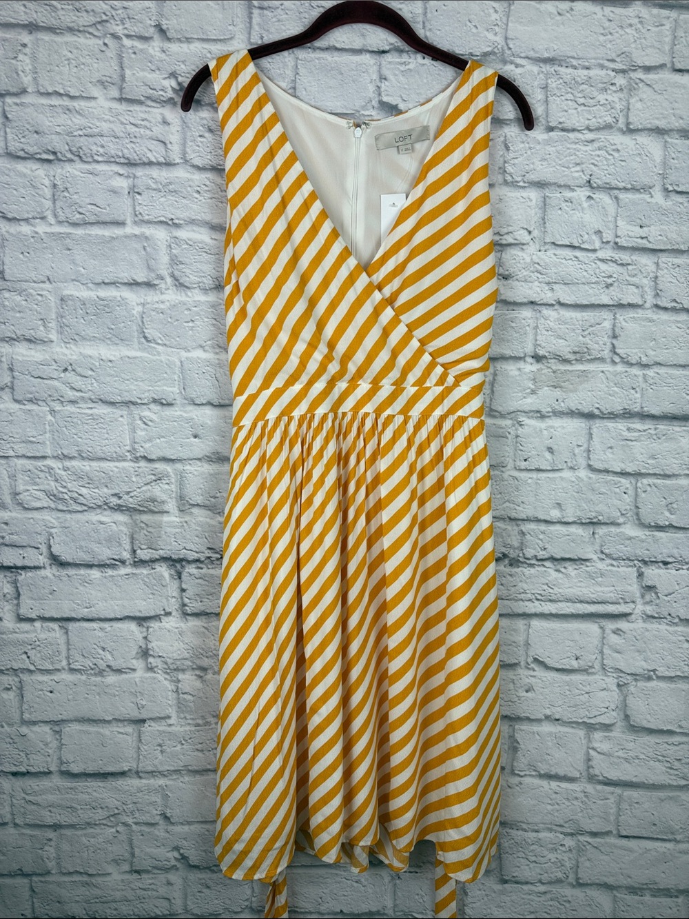 LOFT Yellow and White Striped Dress Tie Waist NWT Size 12